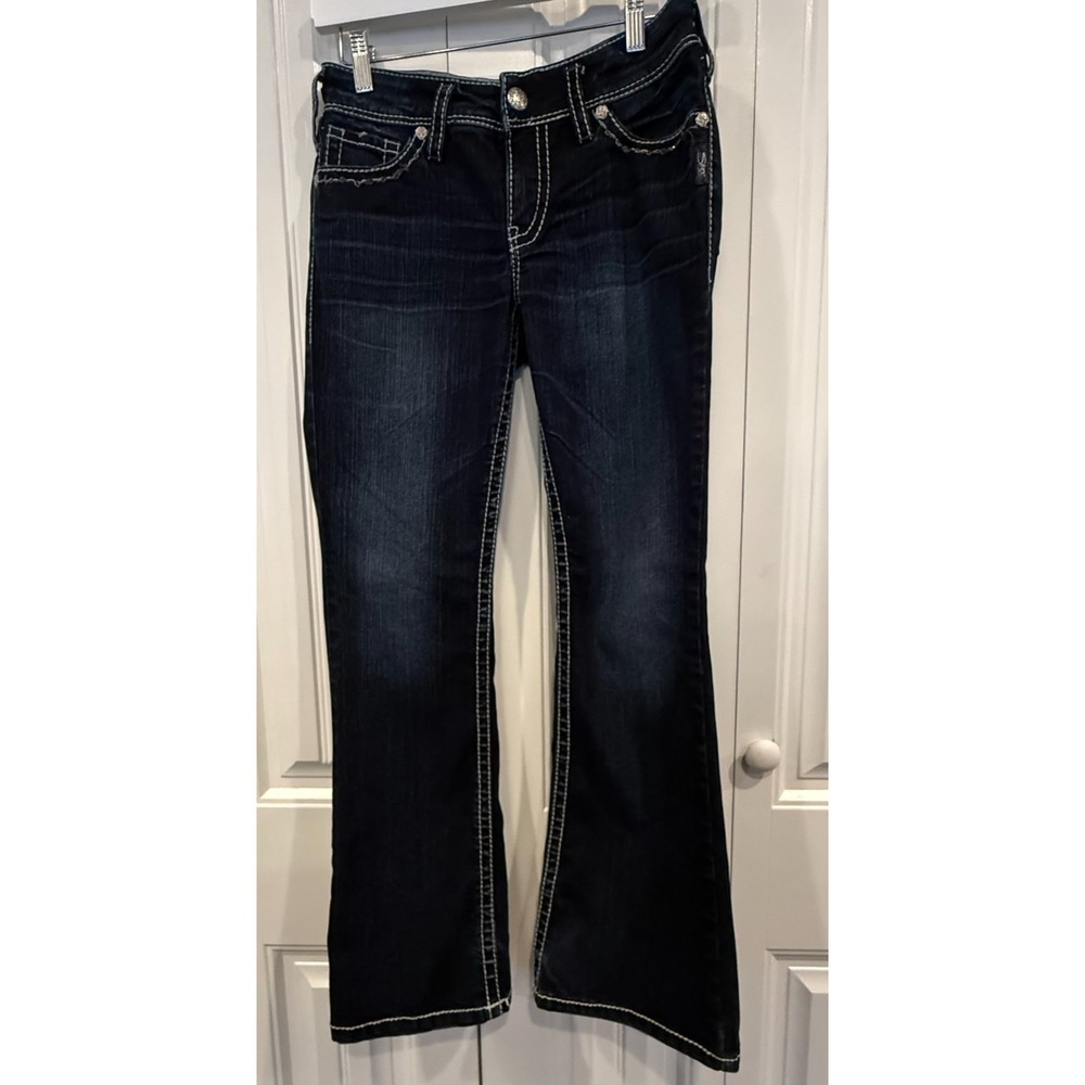 Silver Jeans Suki Flap Bootcut Jeans Women's W28 L30 Dark Wash Distressed Hem